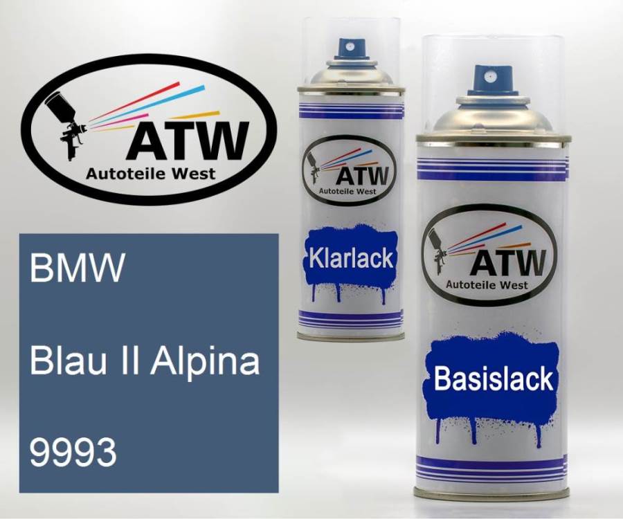 BMW, Blau II Alpina, 9993: 400ml Sprühdose + 400ml Klarlack - Set, von ATW Autoteile West.